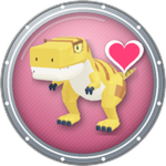 Dead Age: Tame Dinos My Little Pet badge showing a yellow dinosaur with a pink heart
