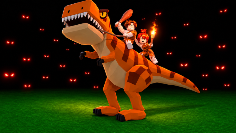 Two Roblox cavemen ride an orange T-Rex at night, one swinging a club and one holding a burning torch, while skeletal zombie dinosaurs with glowing red eyes close in under a full moon.