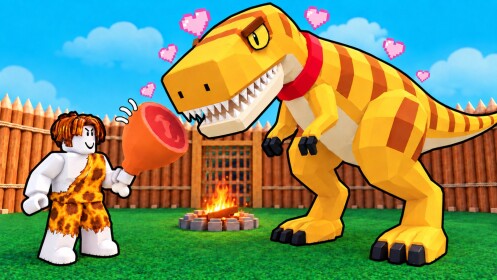 A caveman offers a large meat drumstick to a yellow T. rex inside a camp with palisade walls and a lit campfire